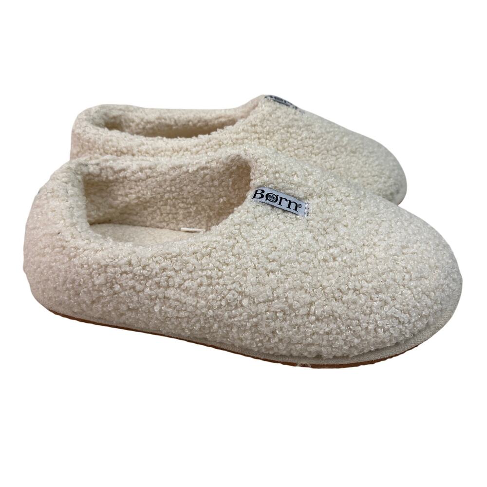 Born Women's S (5-6) Cream Fuzzy‎ Indoor-Outdoor Rubber Sole Slippers *